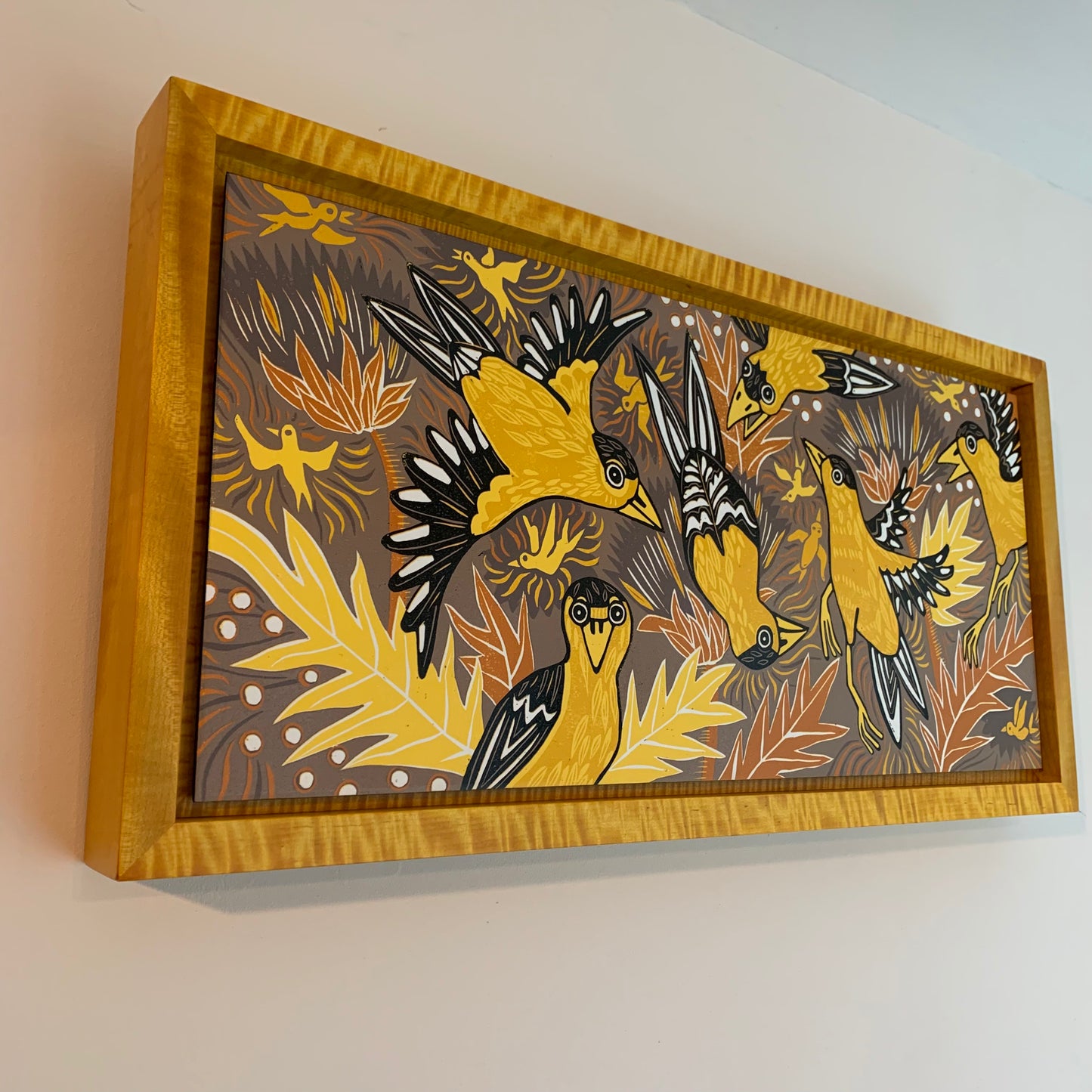 Pre-order Goldfinch woodcut framed in yellow
