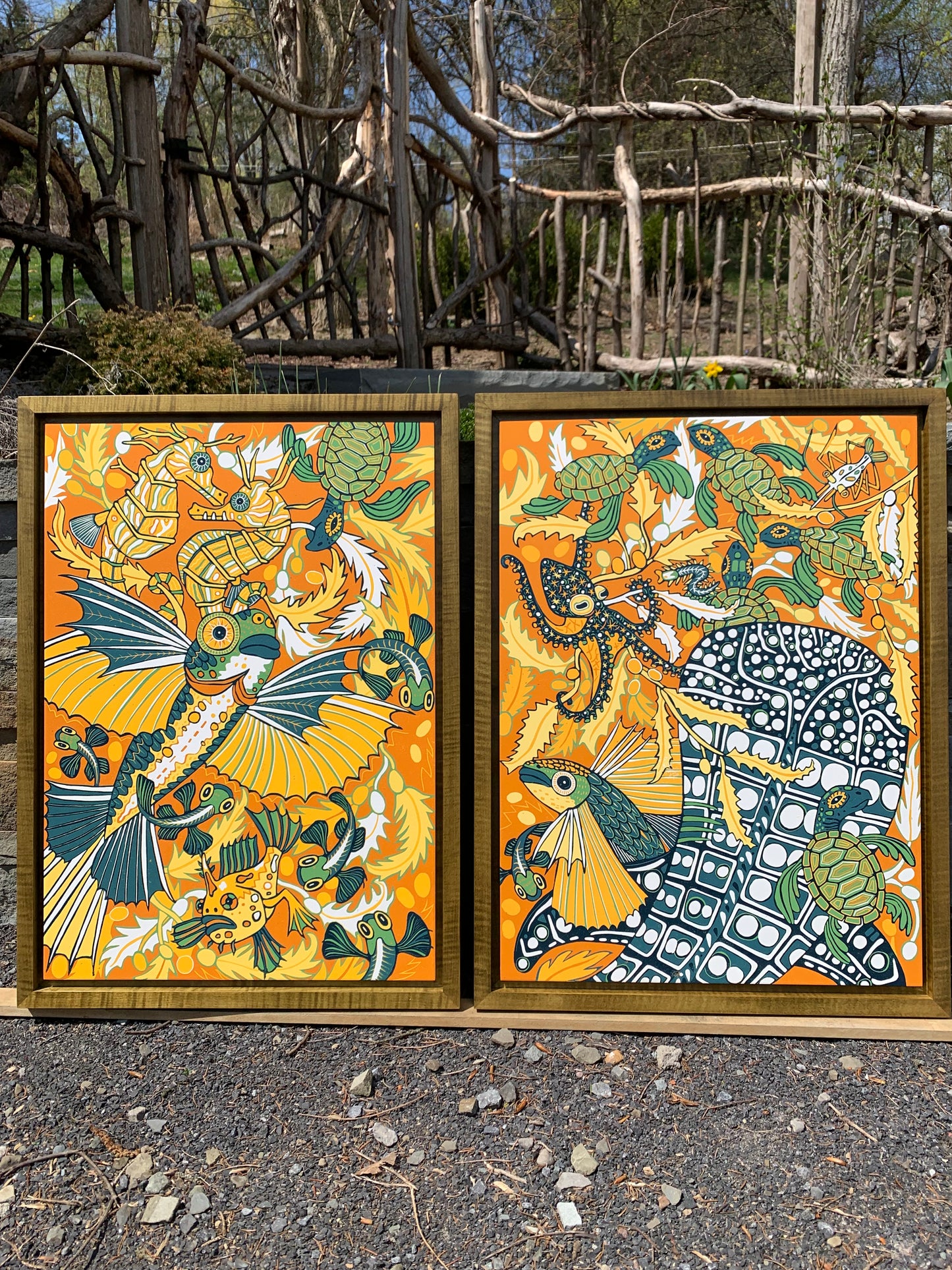 Flying fish and whale shark framed in olive