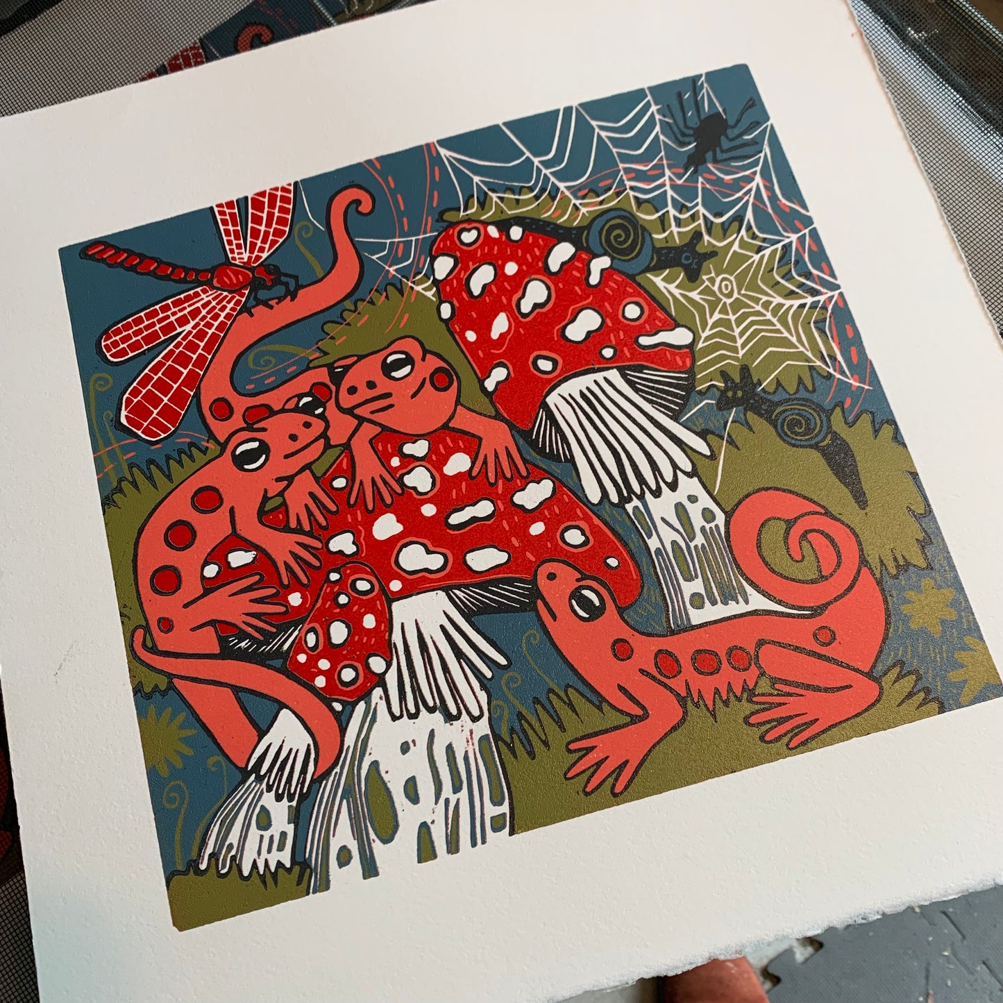 Smaller red eft and mushroom original woodcut