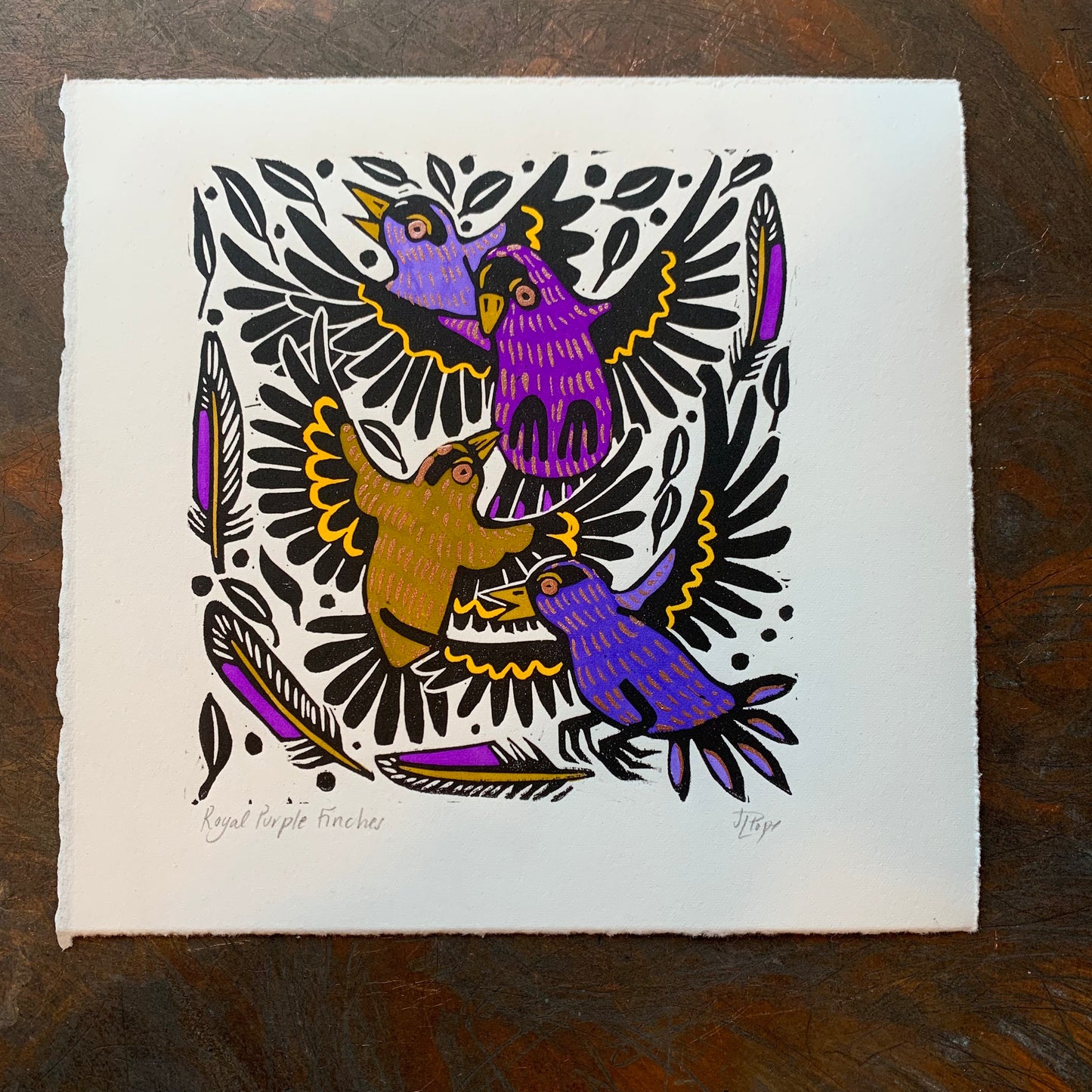 Purple finch linocut