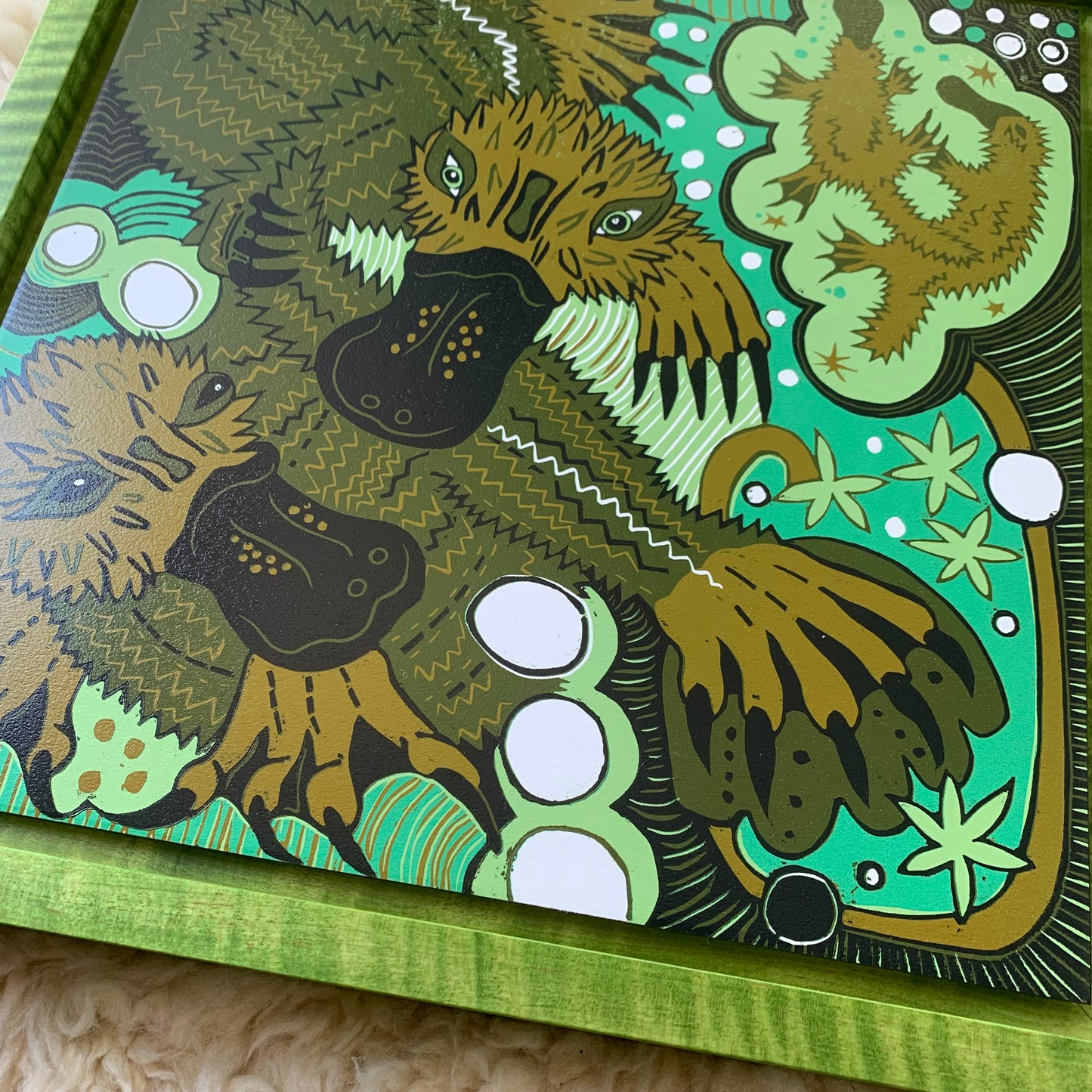 IN STOCK Platypus woodcut framed in green