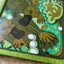 Load image into Gallery viewer, Platypus woodcut framed in green
