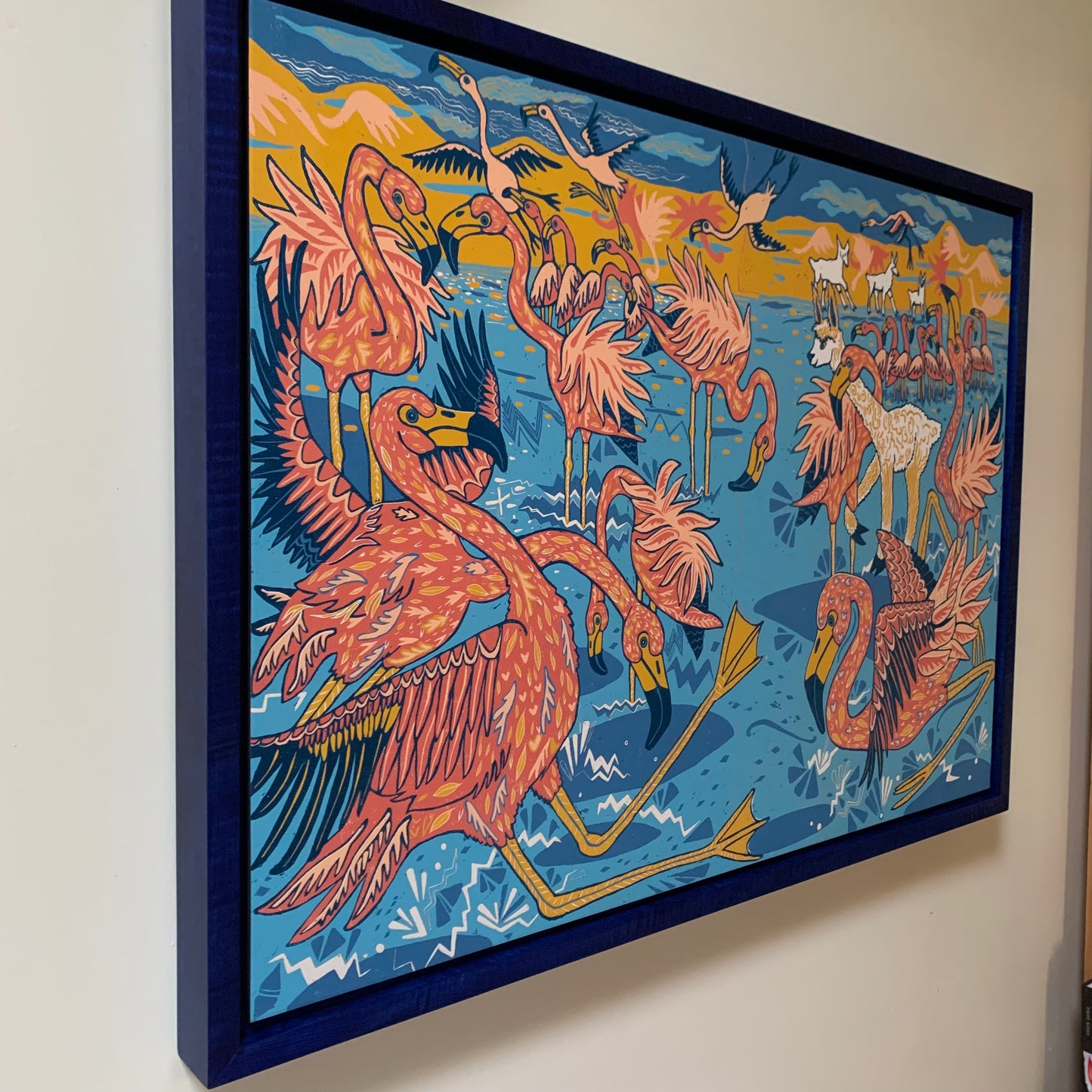 Pre-order Flamingo and llama woodcut framed in blue