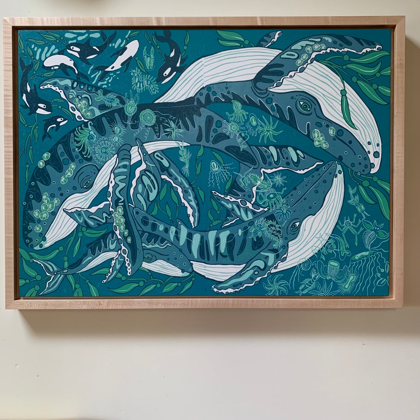 Pre-order Humpback whale and woodcut framed in blue or natural