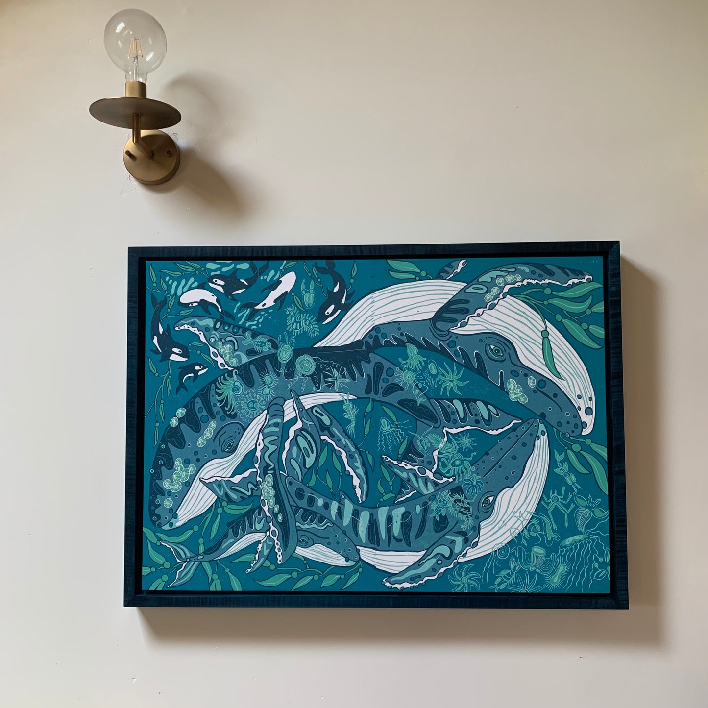 Pre-order Humpback whale and woodcut framed in blue or natural