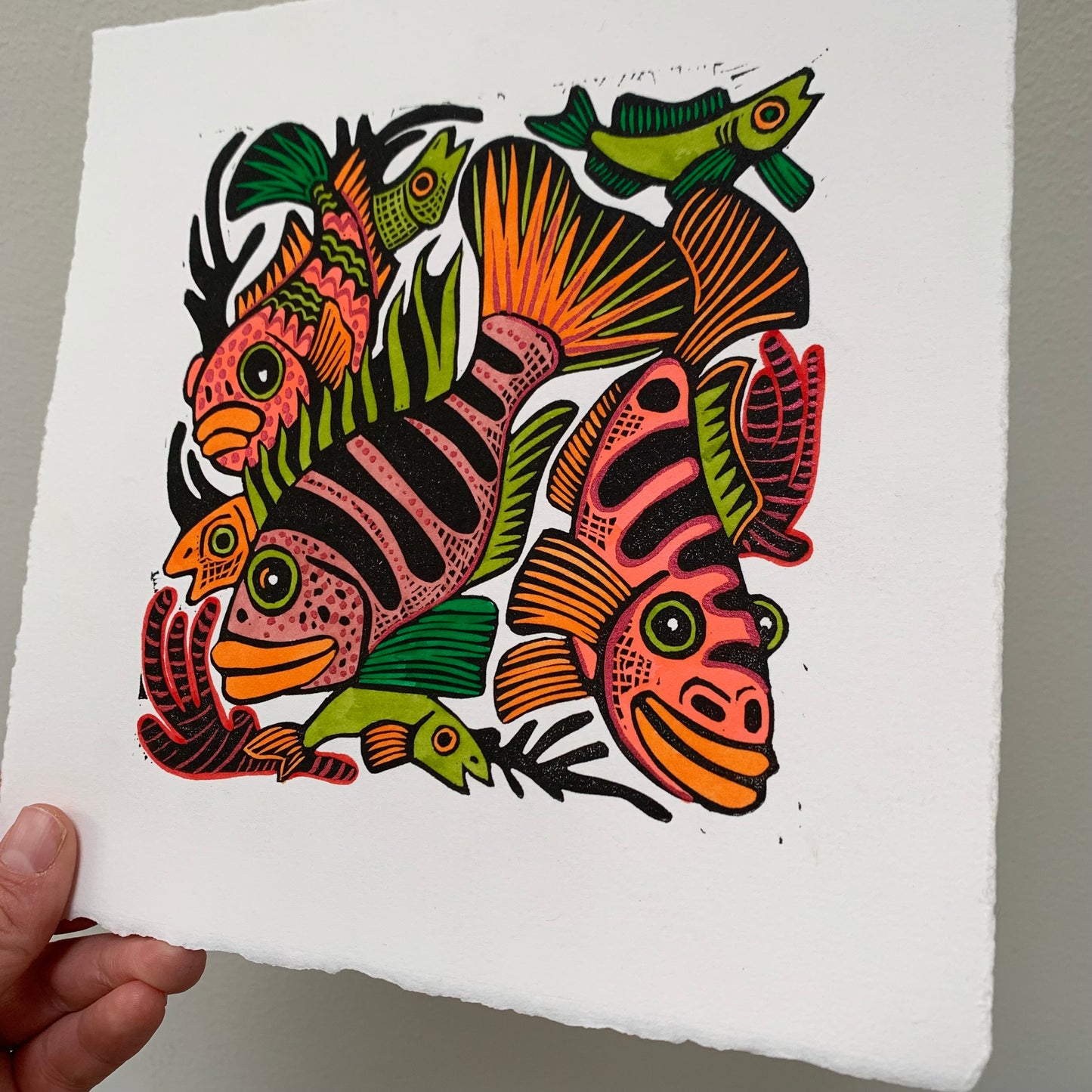 Pink tones Cichlid inspired Linocut