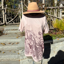 Load image into Gallery viewer, Pink-esque handprinted dino chicken shirt, December Pre-order