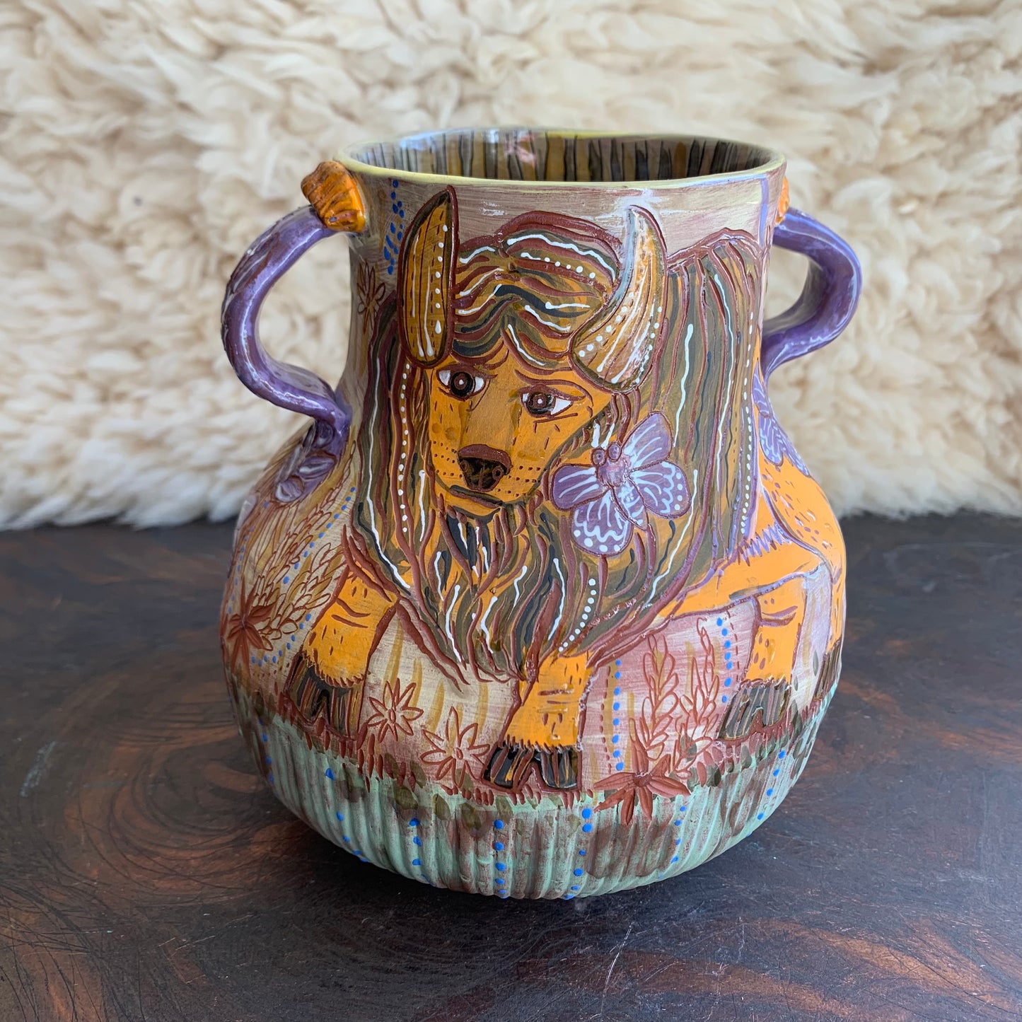 Bison and blue butterfly vase