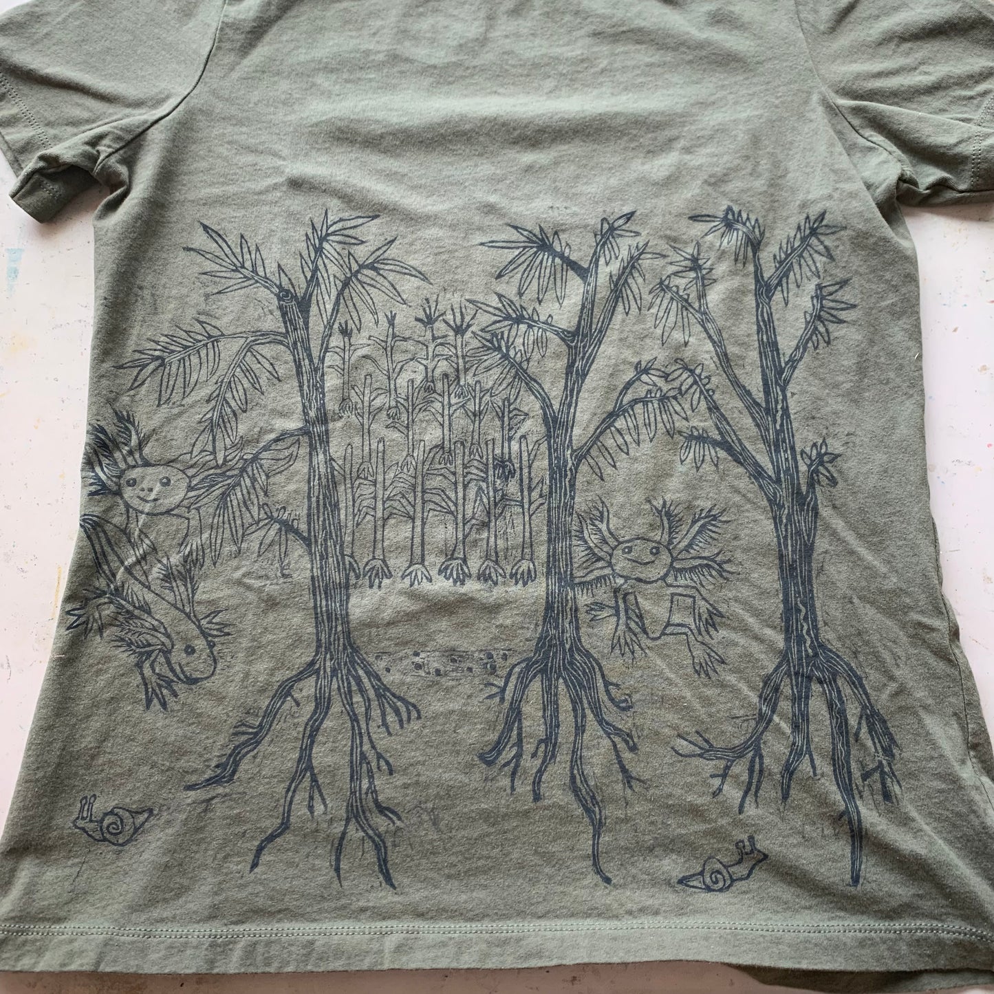 Olive color handprinted axolotl shirt, Pre-order December