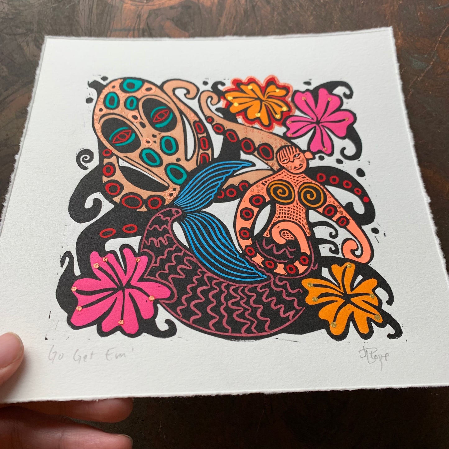 Octopus and octoperson Linocut