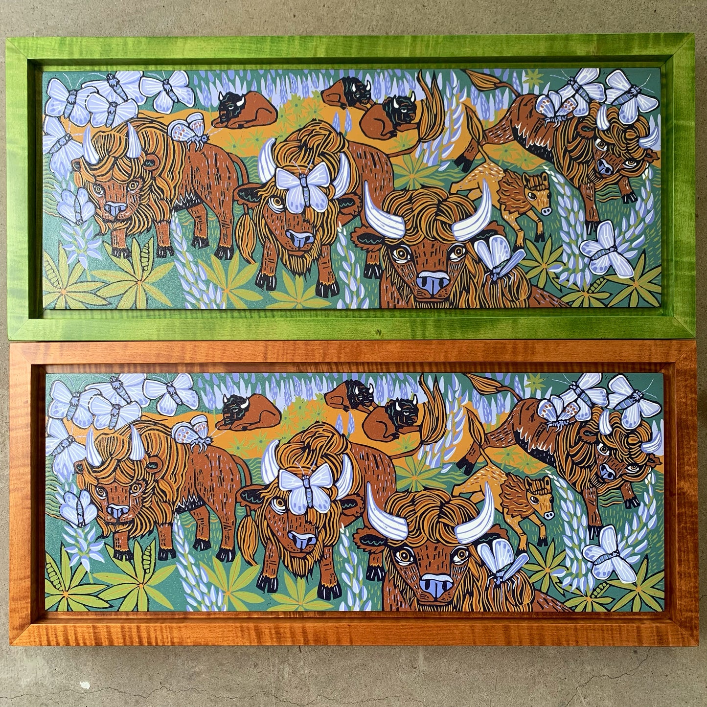 Pre order Bison and butterflies woodcut framed in natural curly maple