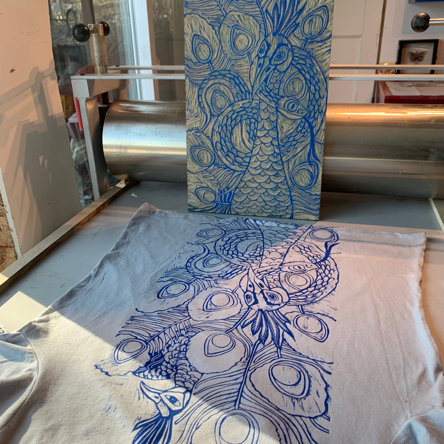 Slate color handprinted peacock shirt, October Pre-order