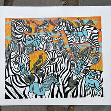 Load image into Gallery viewer, Zebra and extinct megafauna original Woodcut