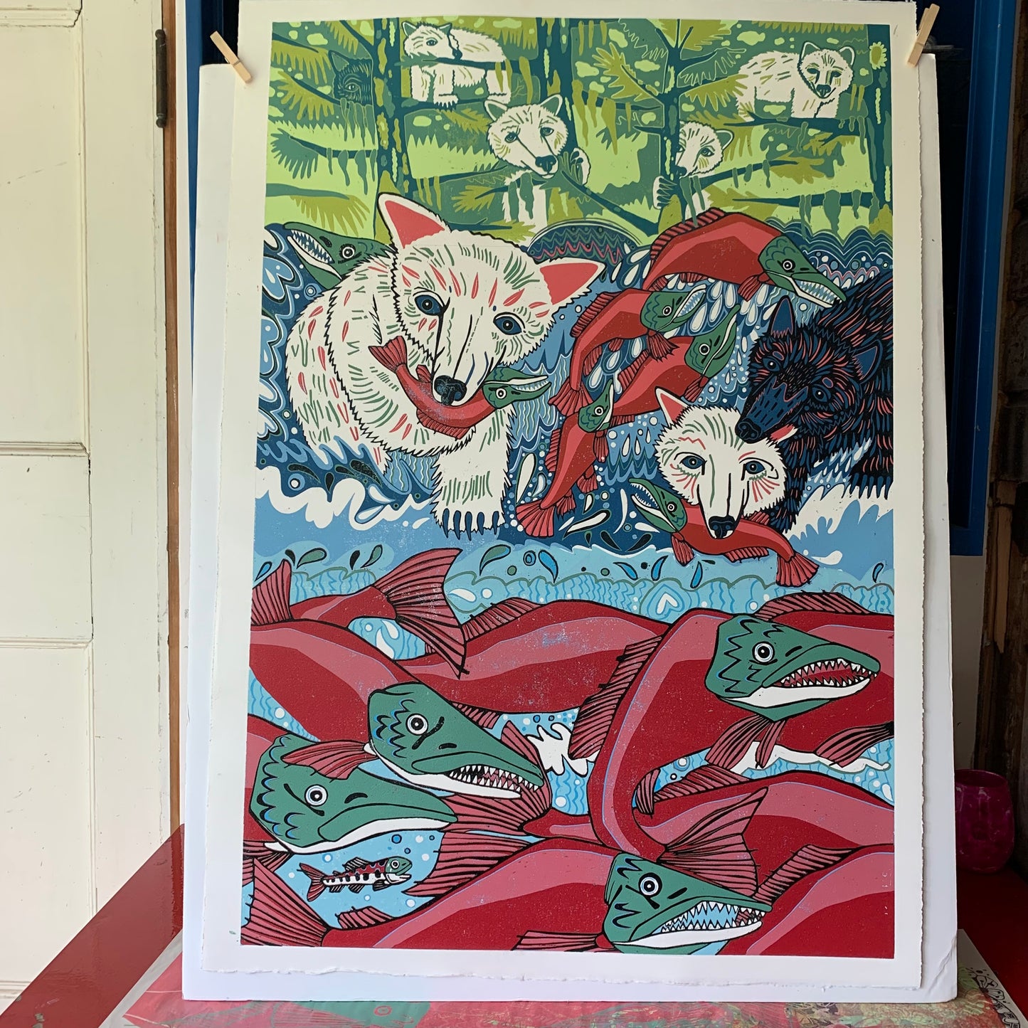 Large Spirit Bear and Sockeye Salmon Woodcut