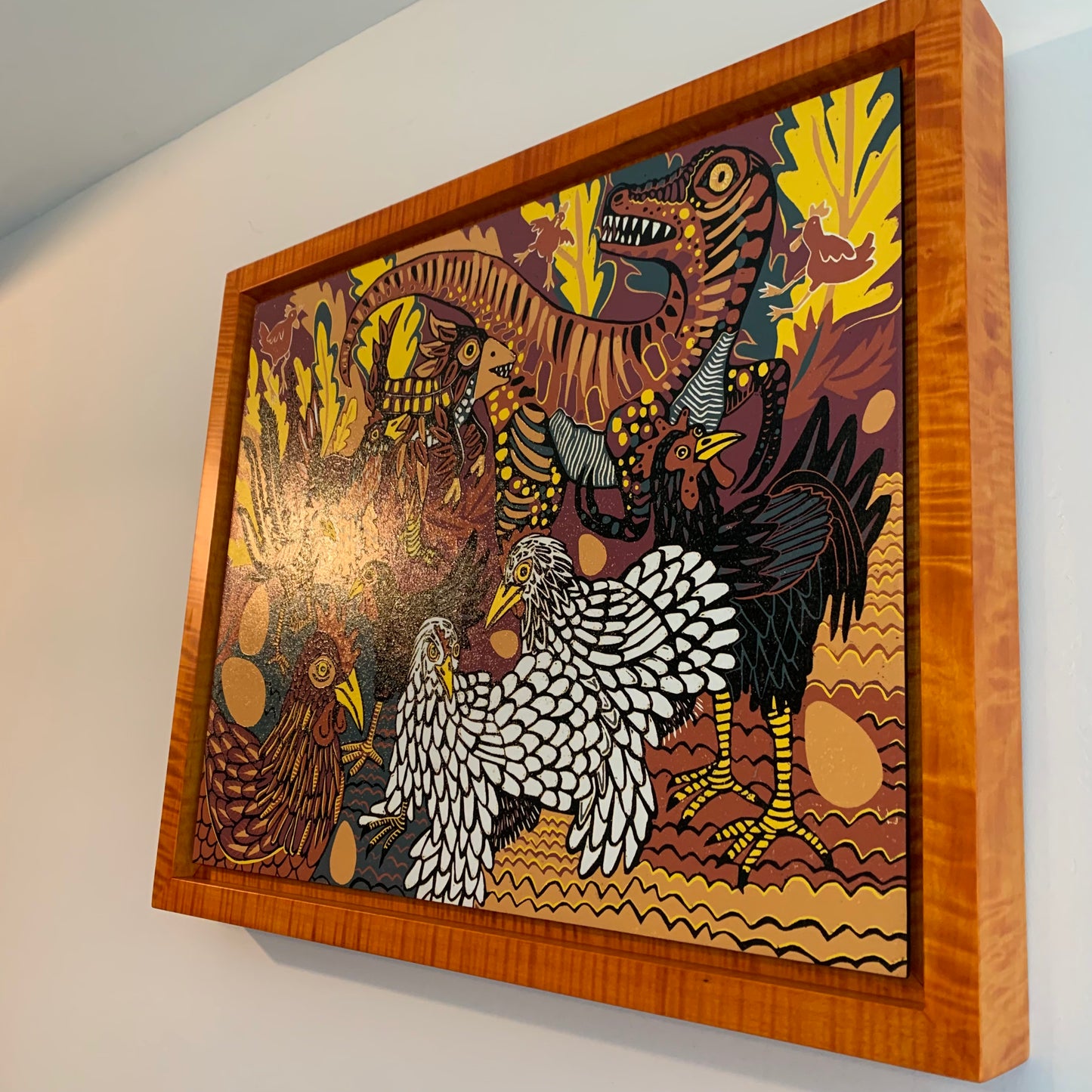 Pre-order Evolution of chickens woodcut framed in orange curly maple