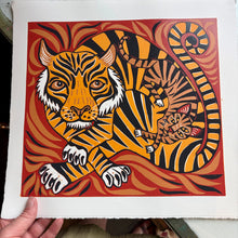 Load image into Gallery viewer, Tiger and housecat original woodcut small