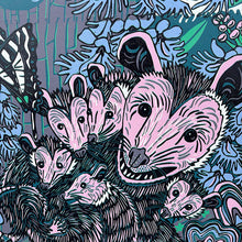 Load image into Gallery viewer, Opossum, flying squirrel orchid and swallowtail under UV light Woodcut
