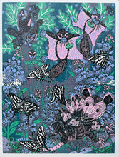 Load image into Gallery viewer, Opossum, flying squirrel orchid and swallowtail under UV light Woodcut