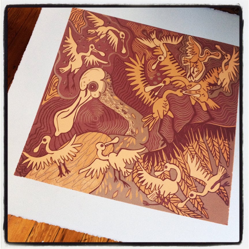 Spoonbill Woodcut