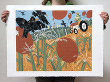 Load image into Gallery viewer, Starling and Balloon Woodcut
