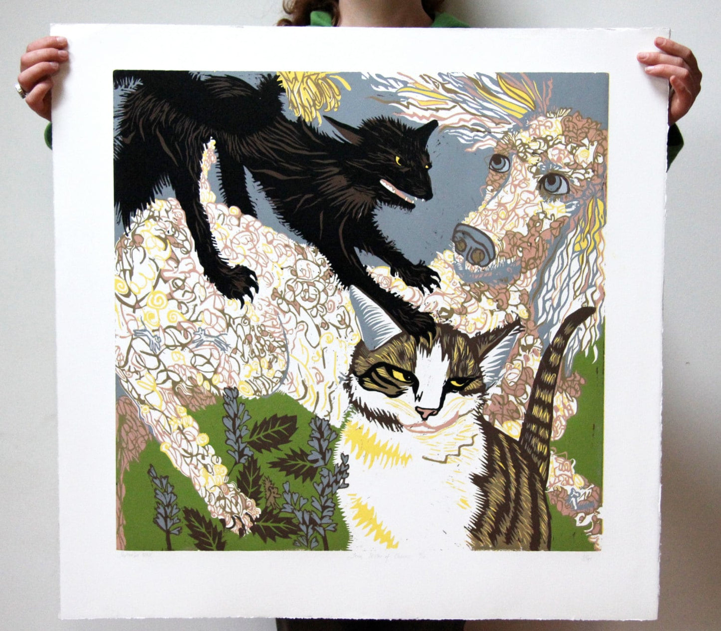 Cat and Dog Woodcut
