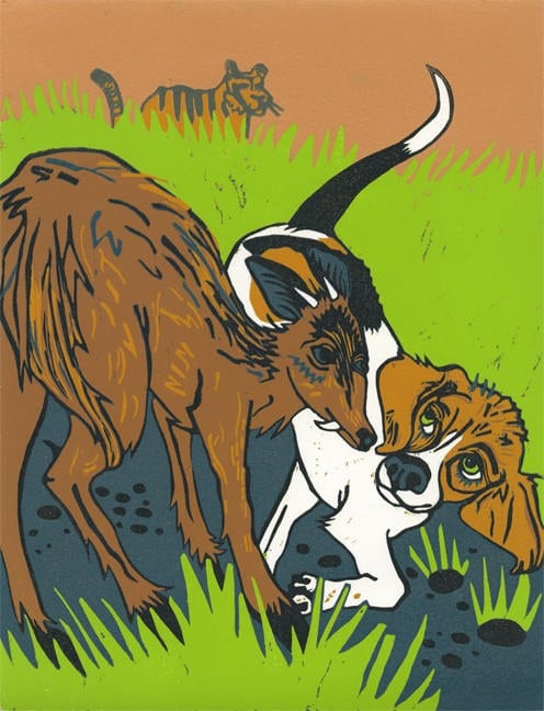 Beagle and Deer Woodcut