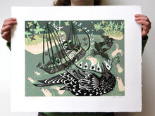 Load image into Gallery viewer, Starling and Ship Woodcut