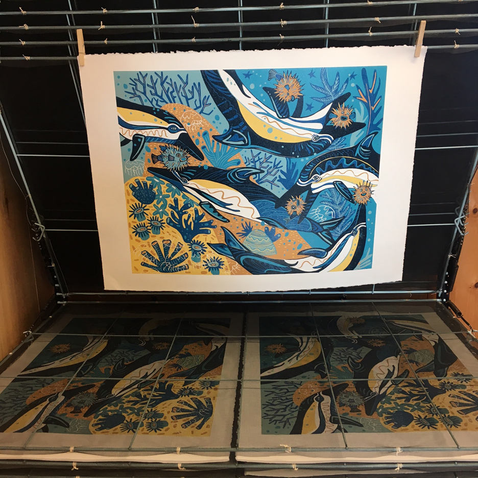 LAST ONE Dolphin and Pufferfish Woodcut