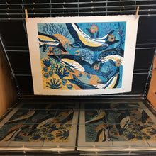 Load image into Gallery viewer, LAST ONE Dolphin and Pufferfish Woodcut