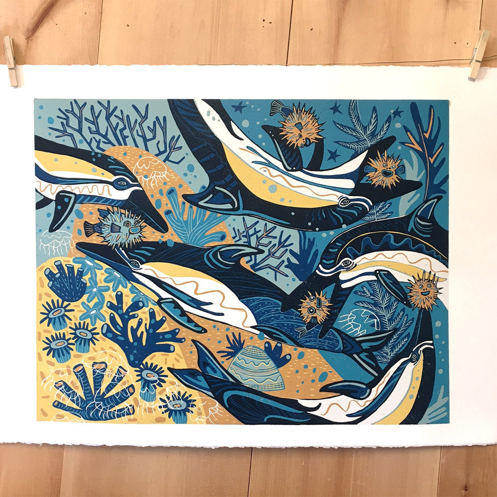 Dolphin and Pufferfish Woodcut