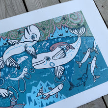 Load image into Gallery viewer, Beluga Woodcut without little whales in the big whales

