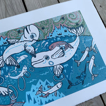 Load image into Gallery viewer, Beluga Woodcut without little whales in the big whales