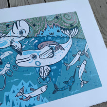 Load image into Gallery viewer, Beluga woodcut with little whales in the big whales