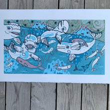 Load image into Gallery viewer, Beluga woodcut with little whales in the big whales