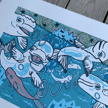 Load image into Gallery viewer, Beluga woodcut with little whales in the big whales
