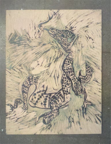 Komodo Dragon and Elephant Woodcut