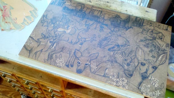 Deer and Rose Woodcut