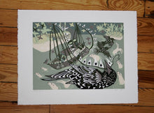 Load image into Gallery viewer, Starling and Ship Woodcut