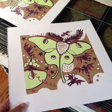 Load image into Gallery viewer, LAST ONE Luna Moth and Bat Woodcut (sm)
