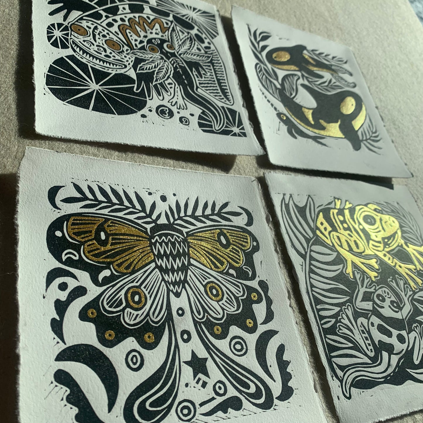 Orca and kelp linocut