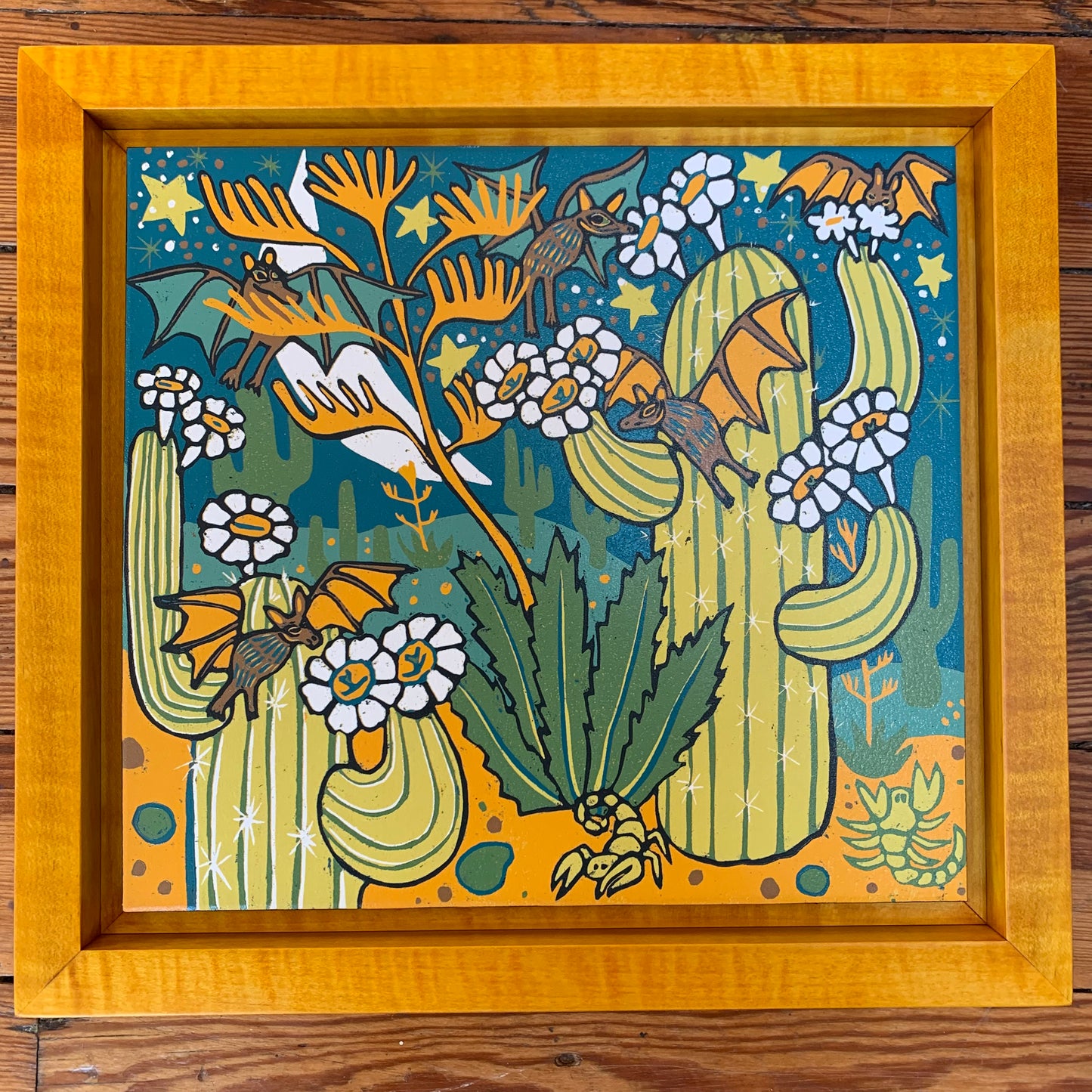 Cactus bat woodcut