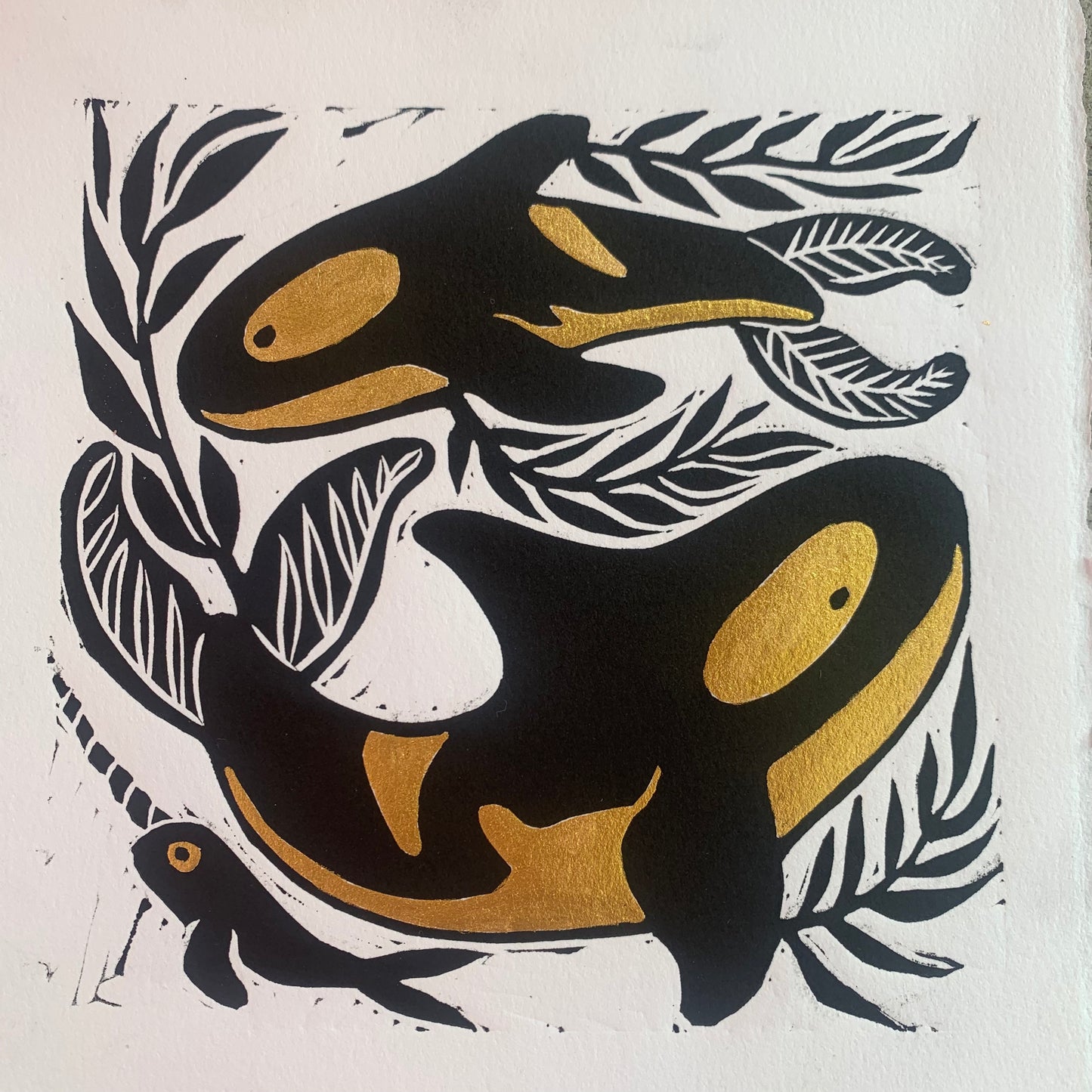 Orca and kelp linocut