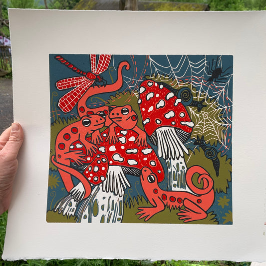 Smaller red eft and mushroom original woodcut