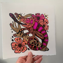 Load image into Gallery viewer, Pretty Handpainted chameleon linocut
