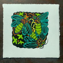 Load image into Gallery viewer, Colorful Lightning bug linocut

