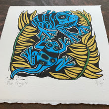 Load image into Gallery viewer, Handpainted blue frog linocut
