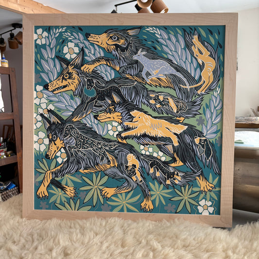 Framed Wolf and Dog original Woodcut