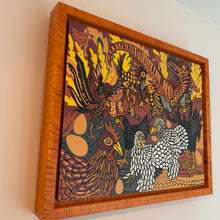 Load image into Gallery viewer, Evolution of chickens woodcut framed in orange curly maple
