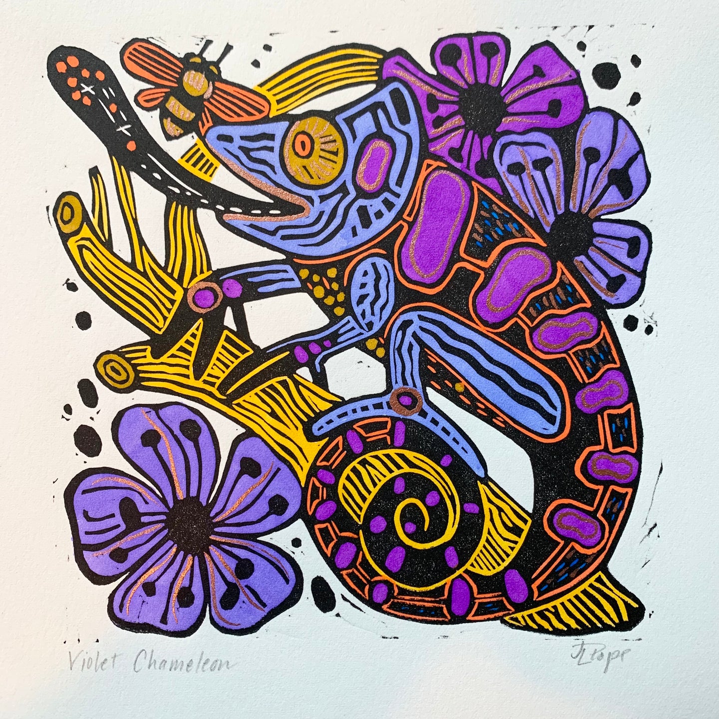 Purple Handpainted chameleon linocut