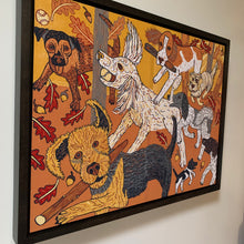 Load image into Gallery viewer, Big dog woodcut with poodles and friends framed in black
